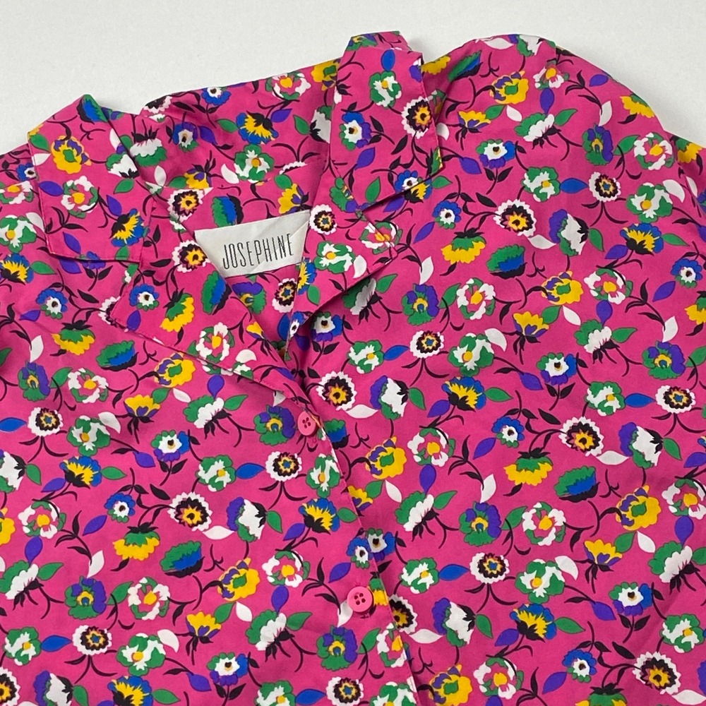 Vtg Josephine Floral Button Front Blouse Short Sleeve Size 14 Pink Shoulder Pads